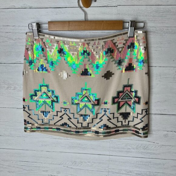 Express Skirt Womens Size S/P Tan Sequin Aztec Mini Sparkle Glam Summertime - Picture 3 of 13